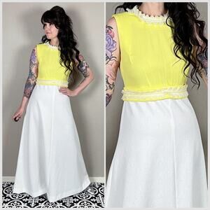 Vintage 1960s Yellow and White Sleeveless A-line Maxi Prom Dress